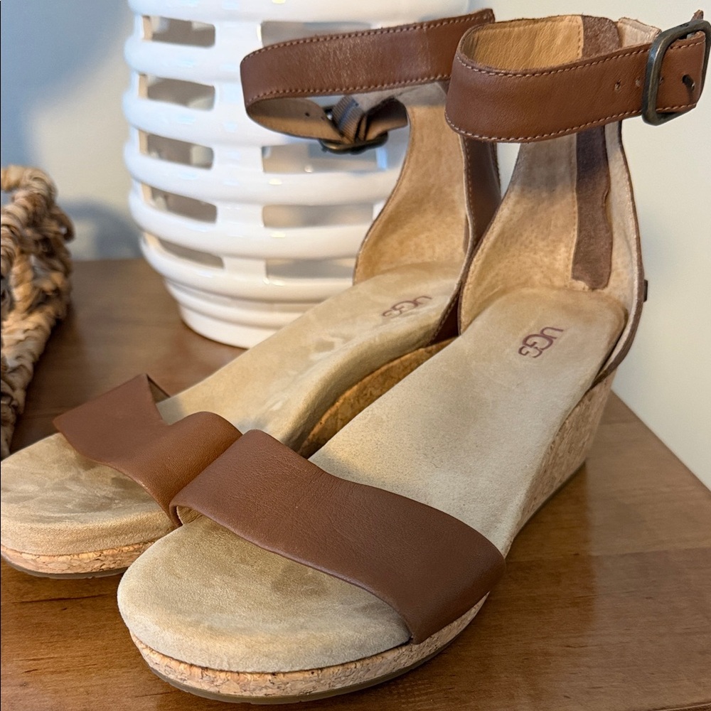 UGG Tan Leather Ankle-Strap Wedge Sandals